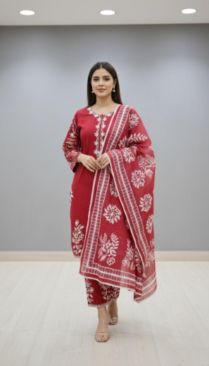 Crimson Bloom – Winter Cotton 3 Piece Suit