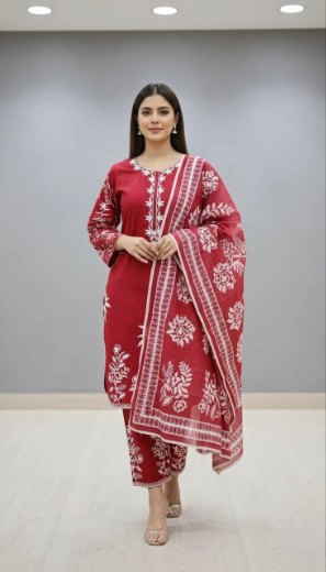 Crimson Bloom – Winter Cotton 3 Piece Suit