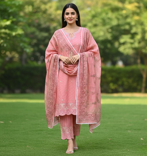 Peach Glow – Embroidered Winter Cotton 3 Piece Suit